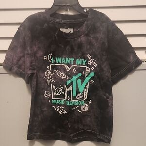 (3 ITEMS FOR $25)MTV Kids Tee - Black & Purple Tye-dye Shirt. Green Logo. Size 4